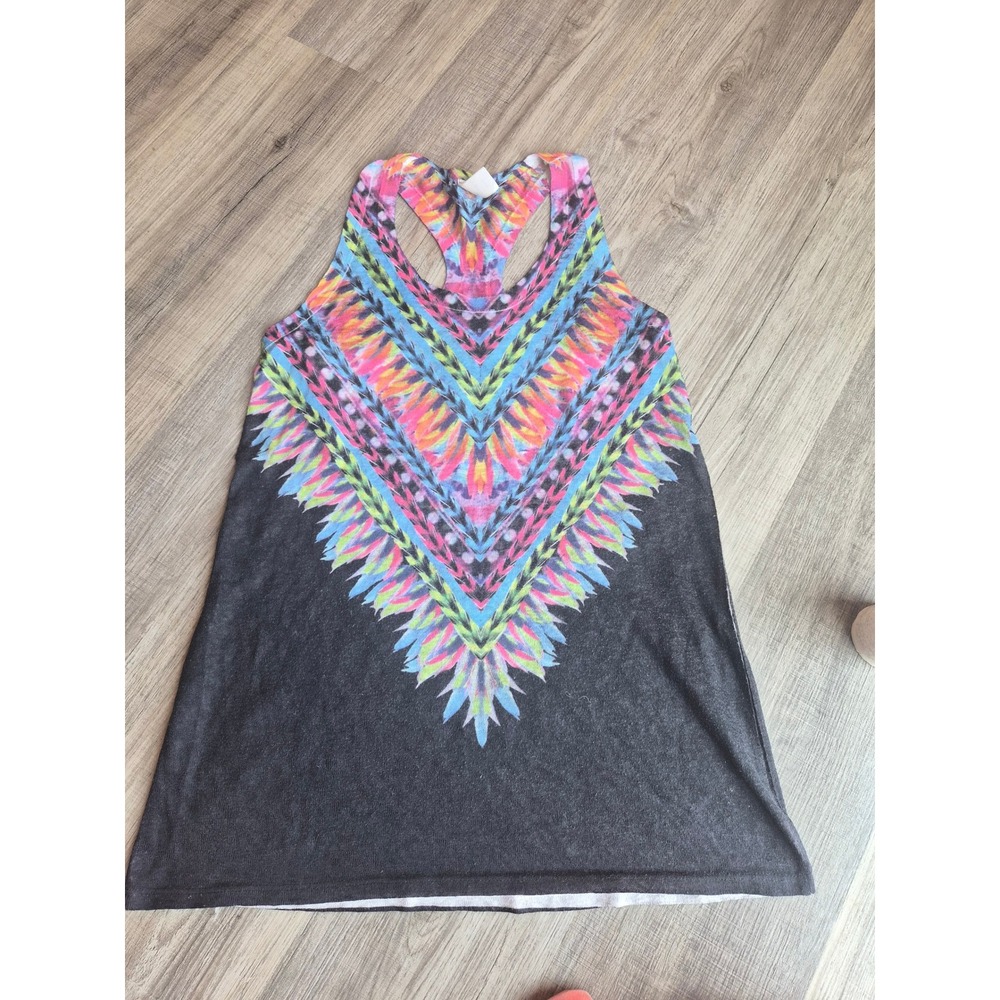 Brendas USA Womens Racerback Tank Top Neon Feather Chevron Print Gray Small
